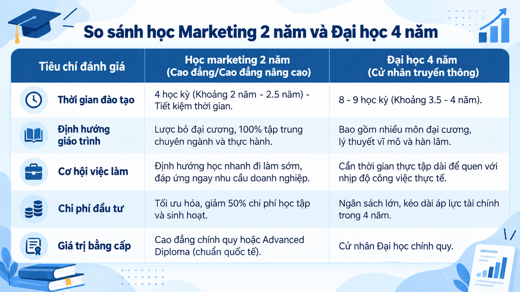 Bảng so sánh: Học marketing 2 năm và hệ đại học 4 năm truyền thống Bảng so sánh: Học marketing 2 năm và hệ đại học 4 năm truyền thống