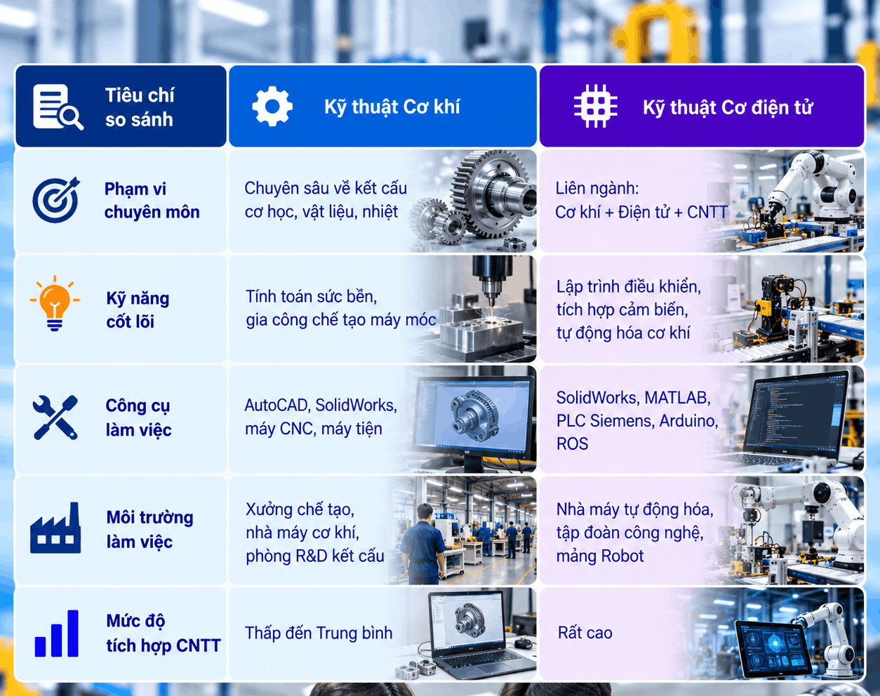 Bảng so sánh tổng hợp Cơ khí và Cơ điện tử