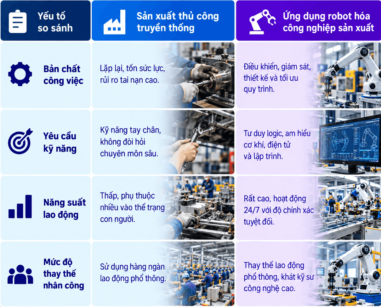 Ứng dụng robot hóa công nghiệp sản xuất