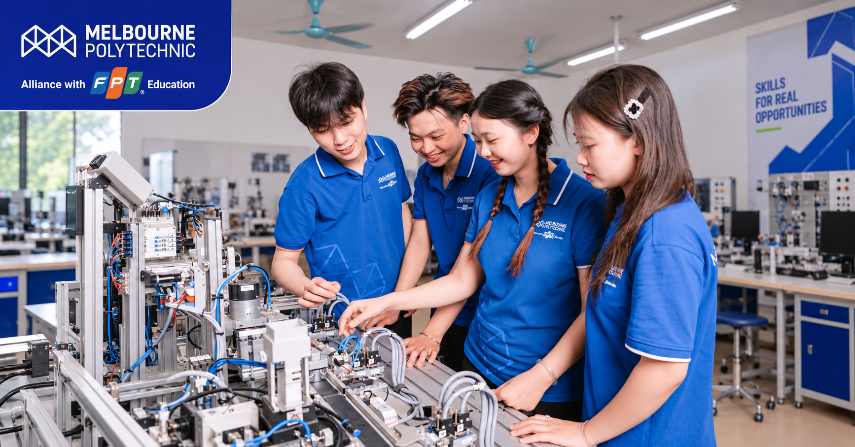 Sinh viên ngành Cơ điện tử MPV thực hành trực tiếp với thiết bị và mô hình kỹ thuật, từng bước rèn luyện kỹ năng nghề nghiệp gắn với thực tế. Sinh viên ngành Cơ điện tử MPV thực hành trực tiếp với thiết bị và mô hình kỹ thuật, từng bước rèn luyện kỹ năng nghề nghiệp gắn với thực tế.