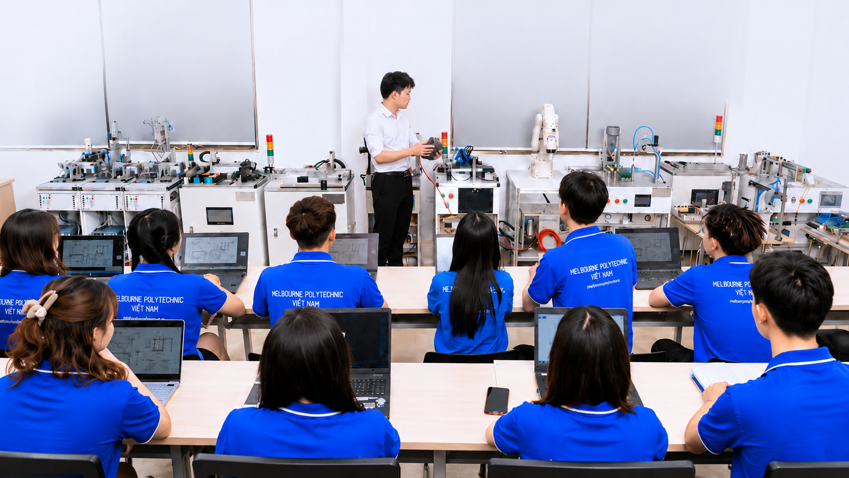 Sinh viên nữ tham gia học tập và thảo luận nhóm trong ngành công nghệ kỹ thuật.
